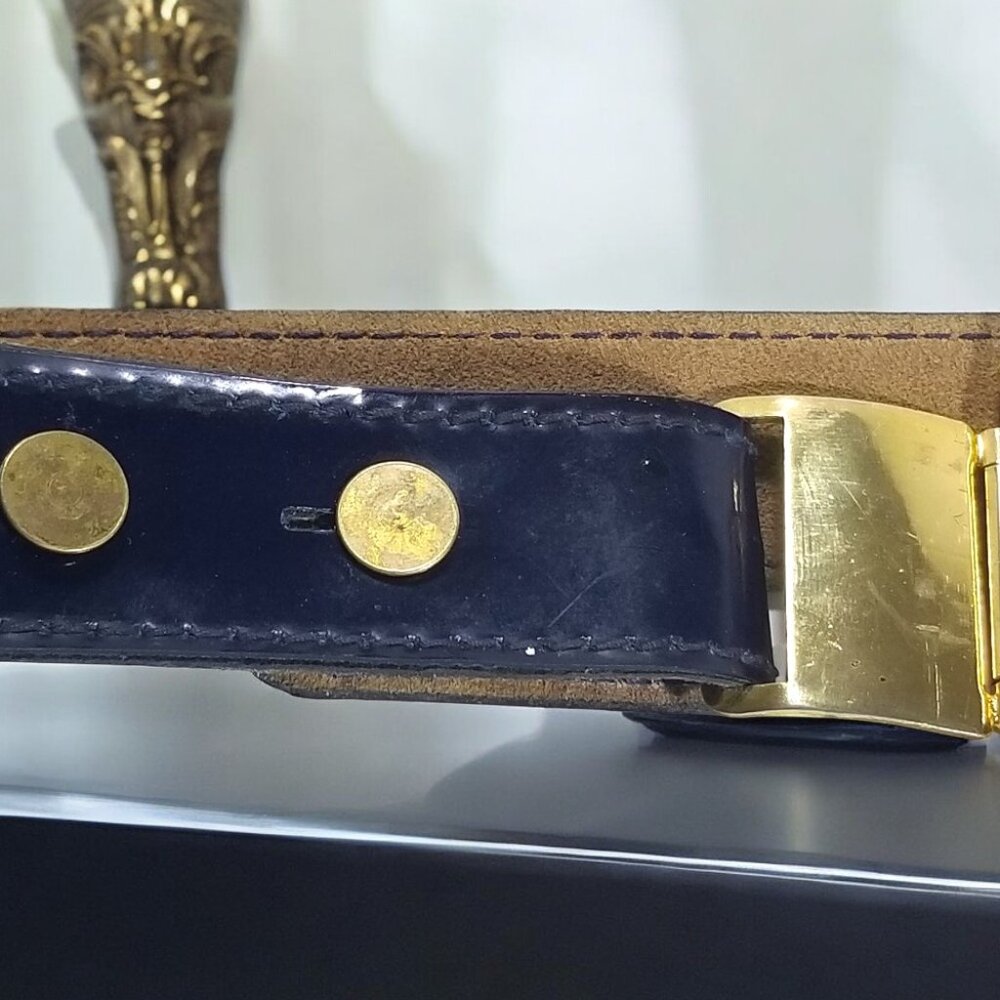 Rare Women’s Art Deco Belt Italian Retro Patent Leather in Blue w/a Gold Buckle - Picture 3 of 13